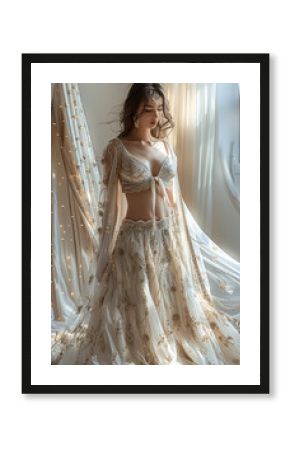 Gorgeous fairytale shimmering female dress fusion with Indian saree in white color with millions of golden stones and silver shimmer on the fabric, princess like dress. Generative AI.