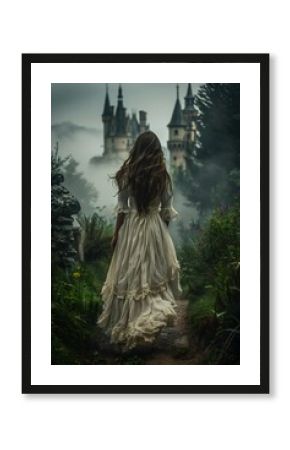 woman long dress walking towards castle girl white dancing dreamy facing away mists germany princess captured forest magic hair elegantly adventurer