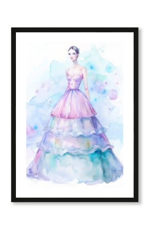 watercolor illustration of the silhouette of the bride in a magnificent tiered dress