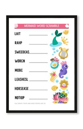Vector mermaid word scramble activity page. English language game with sea princess tail, seahorse for kids. Ocean kingdom family quiz with vehicles. Marine educational printable worksheet.