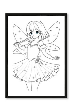 Cute kawaii fairy with sparkling wings and flute isolated on white background outline coloring page for kids