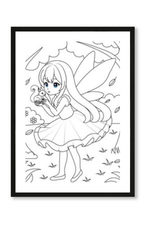 Cute kawaii fairy and squirrel in the forest outline coloring page for kids