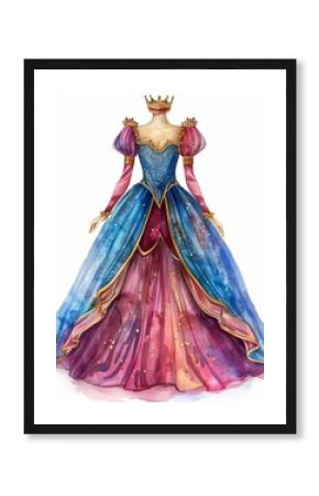 A fairy tale princess dressup costume with gown and crown, enchanting outfit, watercolor illustration, isolated on white background