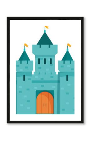 Classic medieval stone castle is brightly colored with flags flying