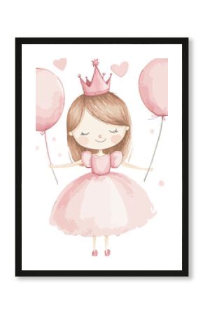 Little Princess With Balloons Watercolor Vector Illustration.