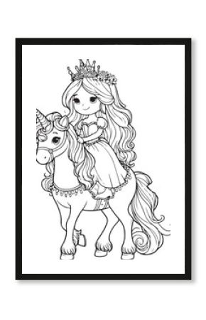 A princess sit on a unicorn lineart coloring book illustration for kids