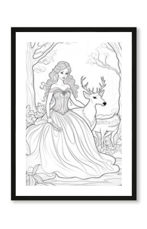  Coloring page of a beautiful princess in an enchanted forest, with long hair and a gown, accompanied by deer or rabbits
