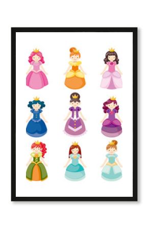 cartoon beautiful princess icons set