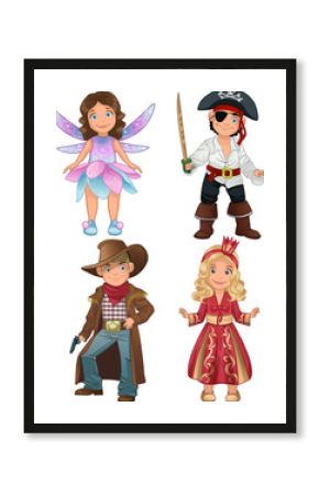 cute teens in costumes of pirate, fairy, cowboy and princess