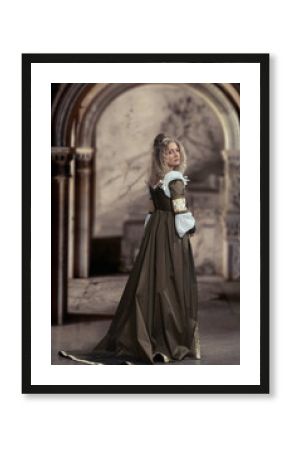 Woman in medieval dress looking back, antique interior