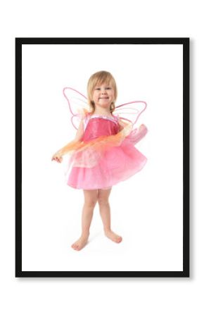 Little girl in butterfly costume on white background