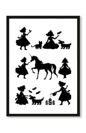 Vector set of silhouettes stroke, little princess with animals