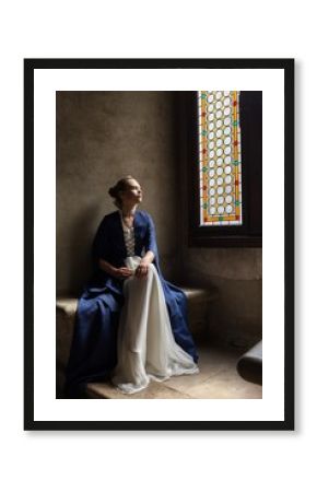 princess balcony medieval dress ancient young blue dress castle stairs window fairytale