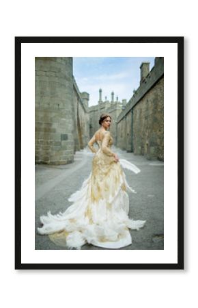 Beautiful sexy woman is wearing princess dress with feathers in the magic castle