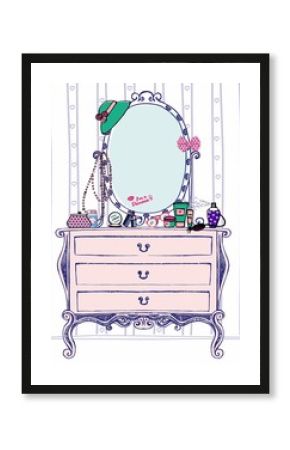 Vector illustration of society ladys boudoir with console mirror and a lot of womens accessories. Sketch chest of drawers