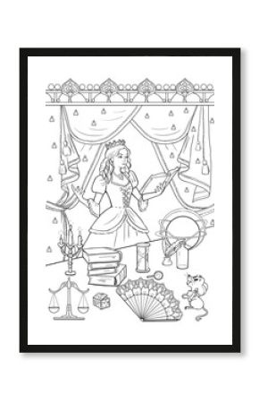 Coloring pages for children and adults. Beautiful girl, princess is reading a book.