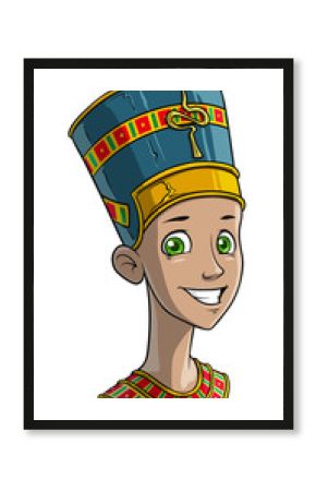 Cartoon smiling ancient egyptian princess girl in traditional clothes. Isolated on white background. Vector avatar icon.