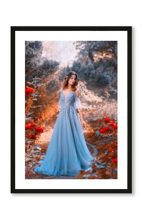 sad princess walks in fading autumn garden with withered plants, lady with short dark hair in chic light blue sky dress looks at red roses with sadness, clean young attractive girl, creative colors.