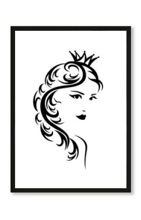 beautiful princess girl with long hair wearing royal crown - black and white vector queen portrait