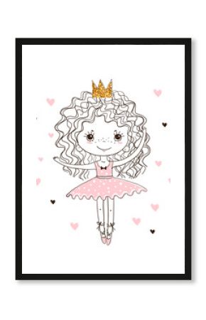 Cute little princess ballerina. A girl dances in a tutu skirt and pointe shoes. Linear hand drawing, vector doodle illustration isolated on white background