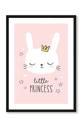Bunny head vector. Cute hand drawn little princess illustration. Sweet rabbit character with a crown. Design for baby shower, baby girl nursery, cards.