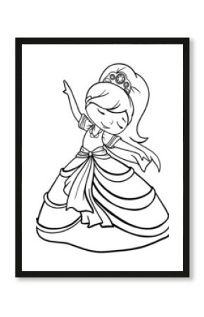 princess girl dancing in lush outline dress in crown vector coloring baby illustration page
