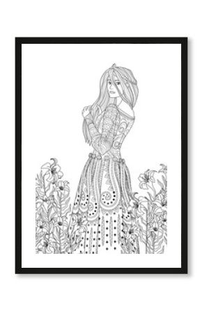 Coloring book for adults with beautiful medieval princess