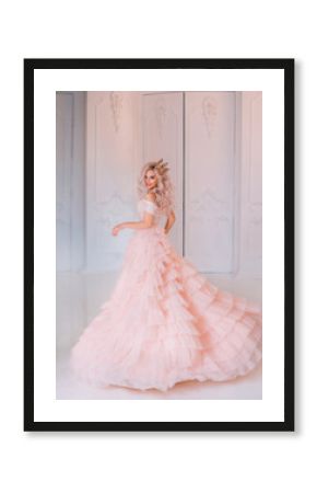 Cheerful beautiful princess girl blonde laugh smiling. Luxury ballroom evening elegant trendy tulle pink dress fluttering fly motion. Happy cute face Queen. woman enjoy holiday. Backdrop white room.