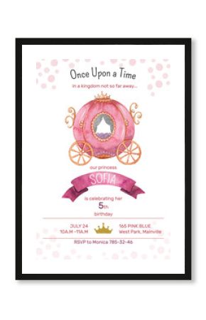 Watercolor baby shower invitation template. Little princess birthday invitation card