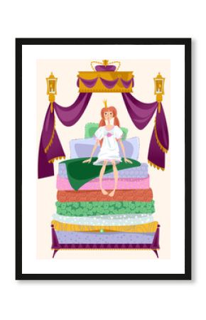 The Princess and the pea. A girl is sitting on a pile of mattresses under Royal canopy.