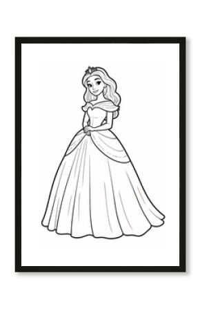 Princess Coloring Book Page with Elegant Gown and Detailed Dress