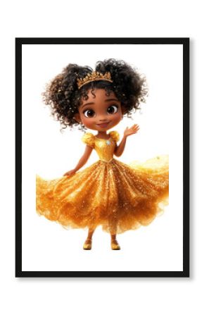 A black princess in a yellow dress with a tiara on her head. She smiles and waves on a white background.