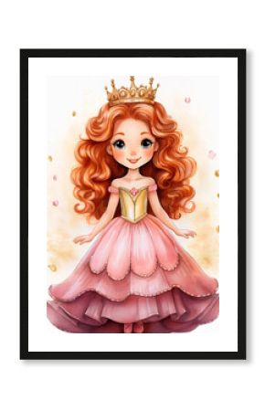 Cute cartoon princess with red hair, wearing a crown and a pink layered dress.
