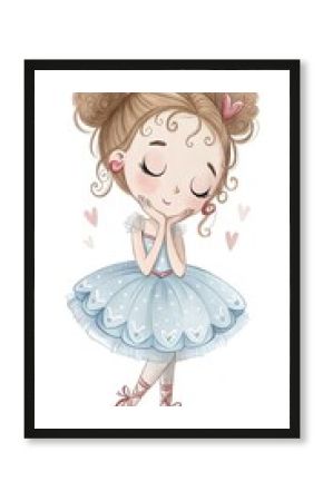 A delicate, whimsical watercolor and digital illustration of a young ballerina with a dreamy expression. She has light brown, voluminous curly hair styled into two playful buns, with soft.