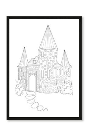 Whimsical Cartoon Castle Outline, Simple black and white line drawing of a fantasy castle with ornate details, towers, windows, and a path leading to the entrance. Perfect for coloring books or 
