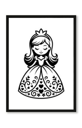 Adorable black and white cartoon princess in dress with heart decorations