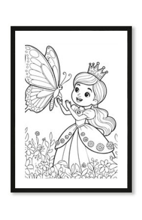 Cute princess girl wearing beautiful dress and playing with a butterfly vector line art coloring page for kids 