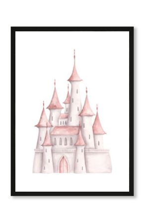 Pink dreams. Watercolor hand-drawn illustration with fairy white princess castle with pink roof. Fairytale illustration for baby girl. For design baby shower, birthday, girls's parties and nursery.