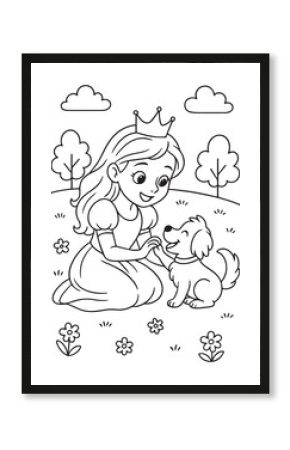Coloring book princess with a crown lovingly pets an adorable dog in a grassy field
