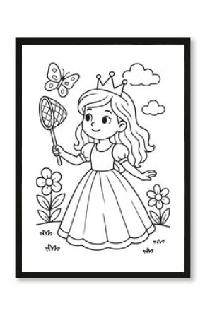 Coloring book princess in a crown holds a butterfly net, ready to catch a whimsical butterfly in a field of flowers