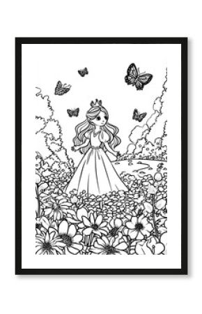  Coloring page for children, princess standing in a flower garden with butterflies and a crown 