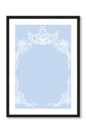 blue and white vector silhouette of royal crown and winter snow flakes forming festive border copy space frame