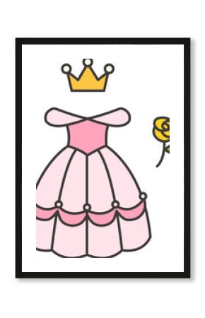 Vector illustration of a pink princess ball gown with a golden crown and a yellow rose. Cute and simple flat design style, perfect for children’s books, greeting cards, stickers, and digital products.
