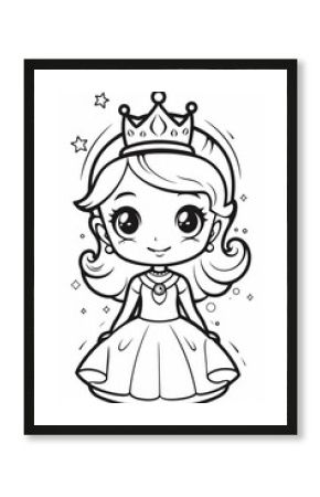 Cute princess cartoon. Outline black and white image. Coloring book page