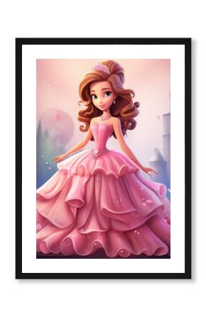  Cartoon princess in a pink ball gown, princesscore, in a cute cartoon style. 
