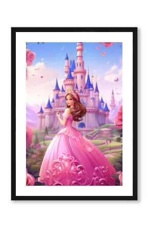 Princess, wearing a pink dress and crown in front of a castle with roses, in a cartoon style