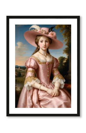 Renaissance-style painting portrait of a 19th century princess in pink dress, Generative AI  