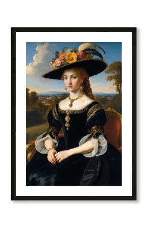 Renaissance-style painting portrait of a 19th century princess in black dress, Generative AI  