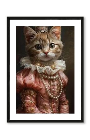 Regal Cat in Pink Dress with Crown and Pearls Pet Portrait Animal Royalty Feline Fashi