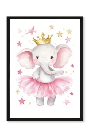 A delightful baby elephant princess twirling in a pink tutu with a crown surrounded by sparkling stars. Generative AI
